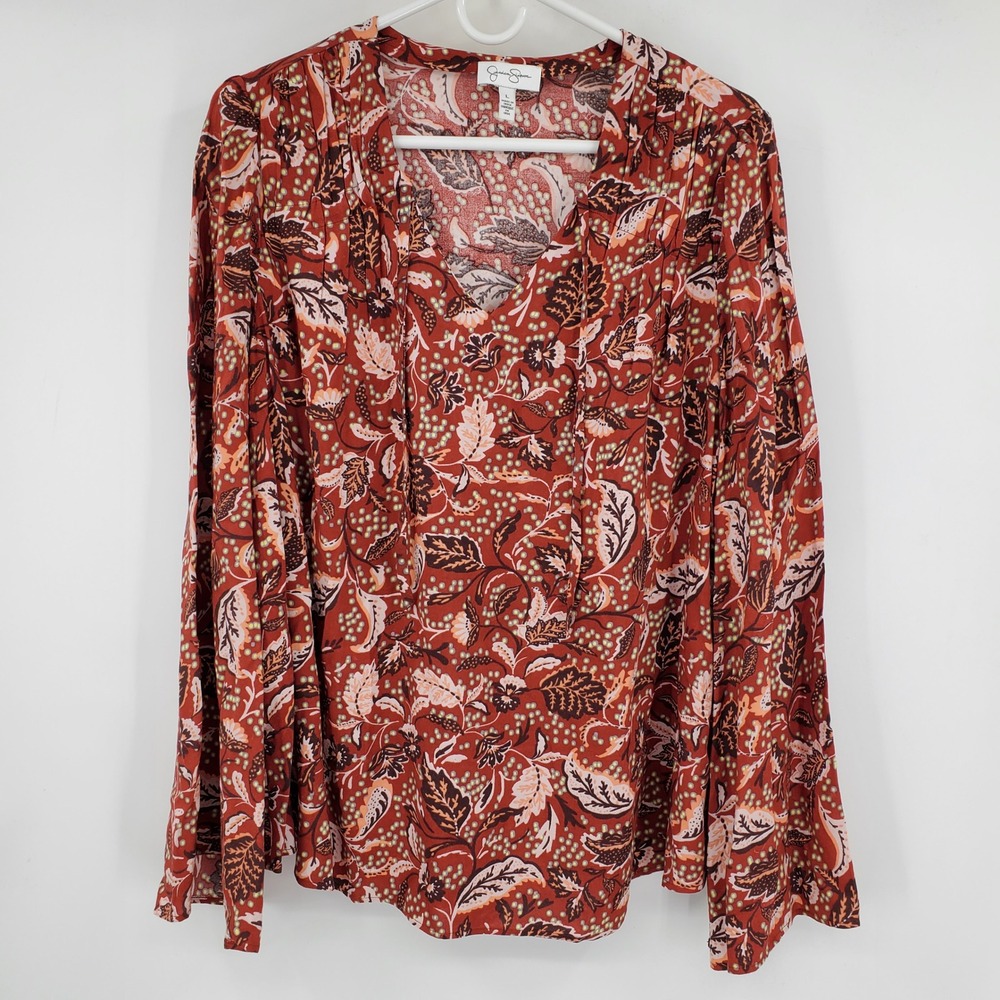 Jessica Simpson Rust Orange Floral Bell Sleeve V-Neck Peasant Top Large Peasant